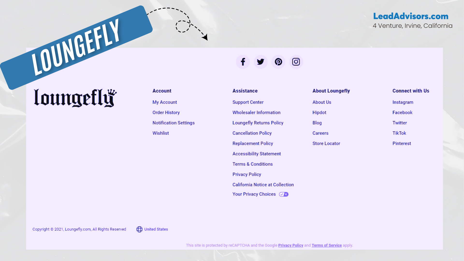 This image displays the footer of the Loungefly website, featuring several link sections including Account, Assistance, About Loungefly, and Connect with Us. Social media icons for Facebook, Twitter, Pinterest, and Instagram appear at the top, while additional links to policies and account-related functions are organized below. The footer includes copyright information for 2021 and a reCAPTCHA privacy disclaimer.