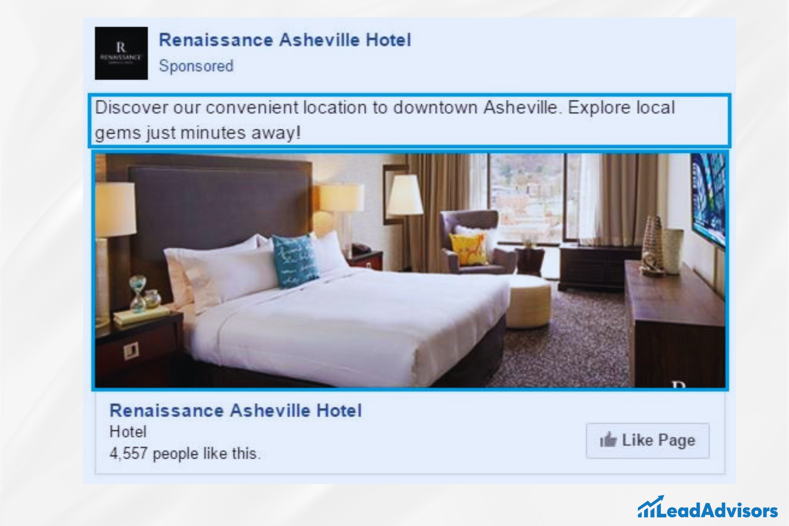 A Facebook ad from Renaissance Asheville Hotel showcases a cozy, modern guest room with plush bedding, ambient lighting, and a view of downtown Asheville through large windows. The ad copy invites guests to enjoy the hotel’s convenient location and explore nearby local attractions. The post includes a call to action encouraging users to like the hotel’s Facebook page.
