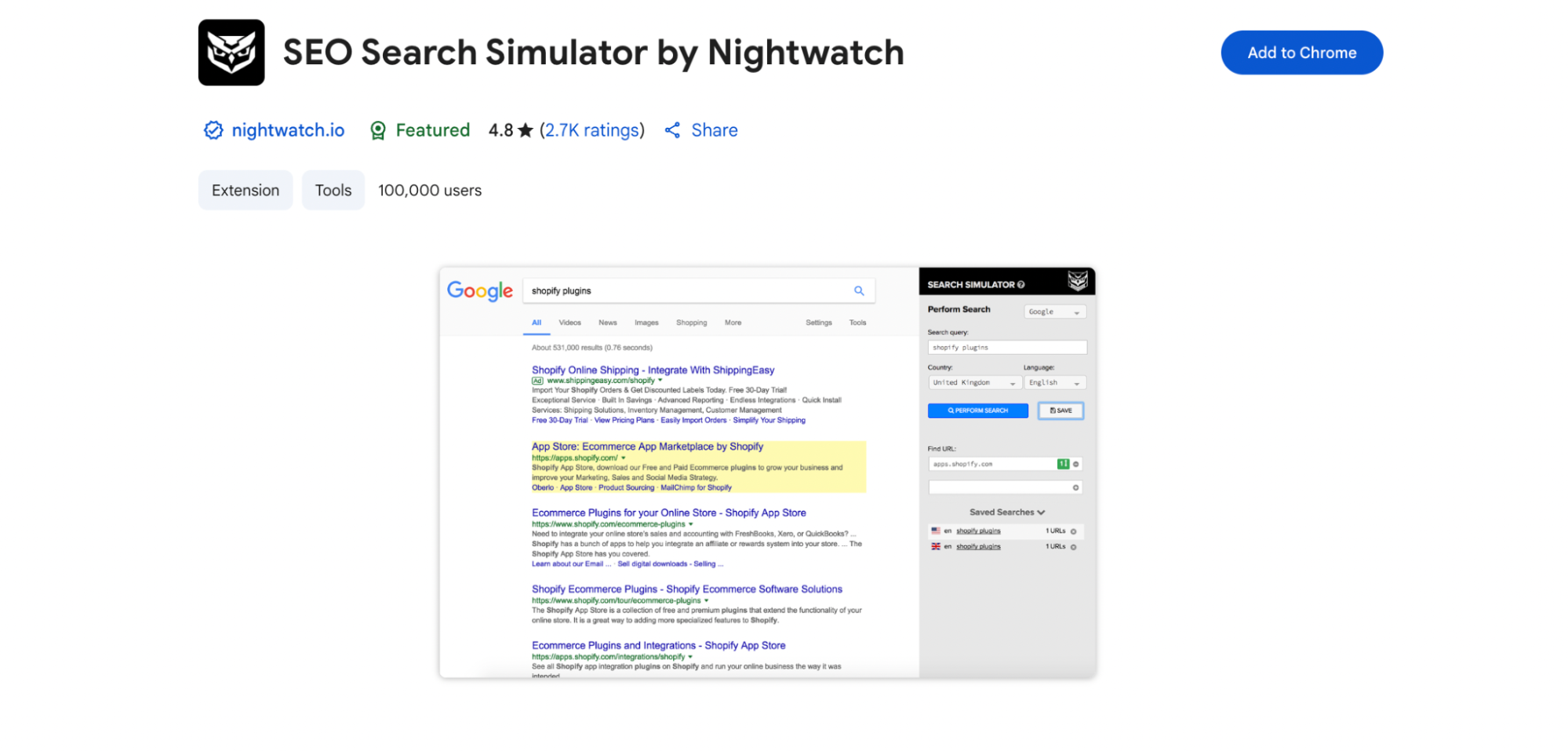 This image shows the interface of the SEO Search Simulator by Nightwatch Chrome extension. On the left, a simulated Google search result page displays search results for "shopify plugins." On the right, a control panel lets users enter keywords, select country and language preferences, and simulate localized search rankings without using proxies or personalization.