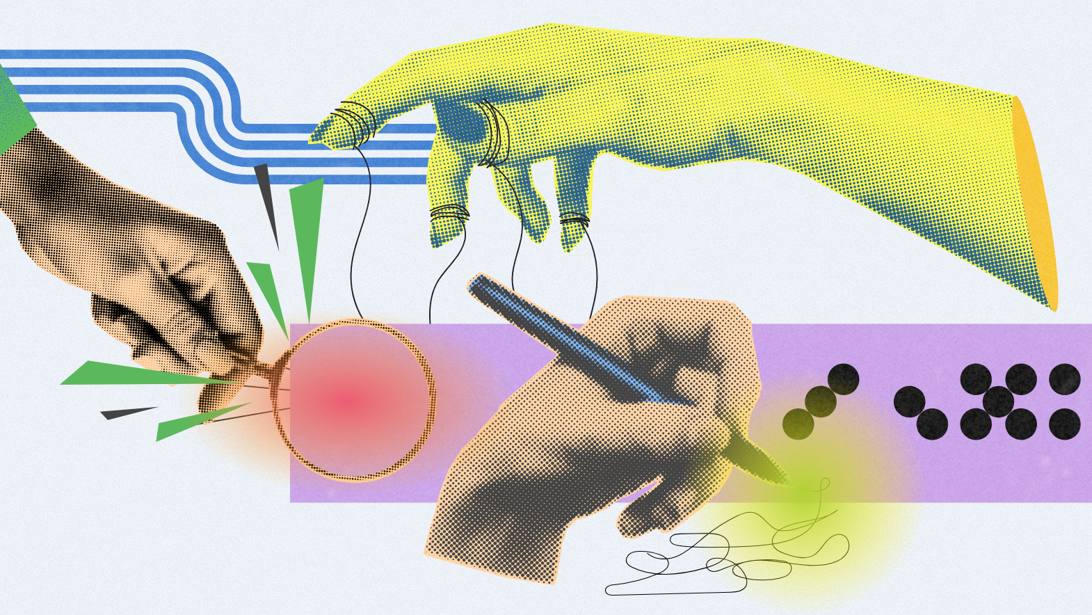 A digital collage-style illustration featuring a variety of hands performing tasks: one yellow hand puppeteers strings, another writes with a pen, while another uses tweezers with green geometric shapes. A red glowing circle, purple rectangle, and black dots add visual complexity in a surreal, retro-futuristic art style.