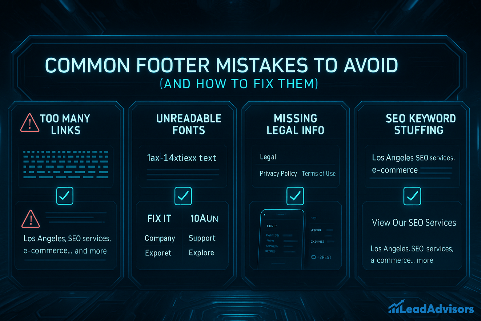 This infographic from LeadAdvisors highlights four common footer mistakes to avoid: too many links, unreadable fonts, missing legal information, and SEO keyword stuffing. Each mistake is illustrated with examples and paired with a recommended fix, such as simplifying navigation, improving font legibility, adding Privacy Policy and Terms of Use links, and avoiding keyword overload. The design features a futuristic tech theme with glowing blue accents.