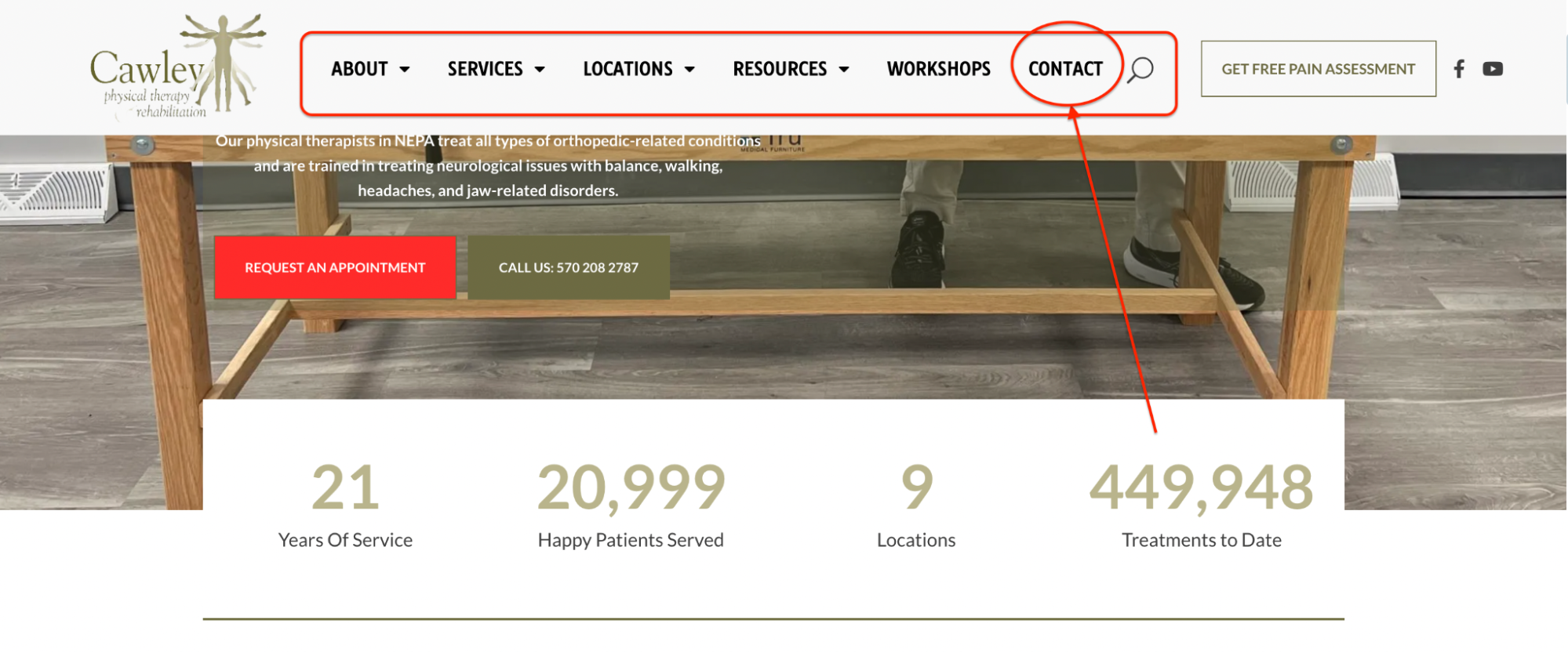 The navigation bar of Cawley Physical Therapy and Rehabilitation’s website is highlighted, focusing on the “Contact” menu item. Beneath the navigation, a red “Request an Appointment” button and a phone number are prominently displayed. Key service stats are shown below, including 21 years of service, nearly 21,000 happy patients, 9 locations, and over 449,000 treatments to date.