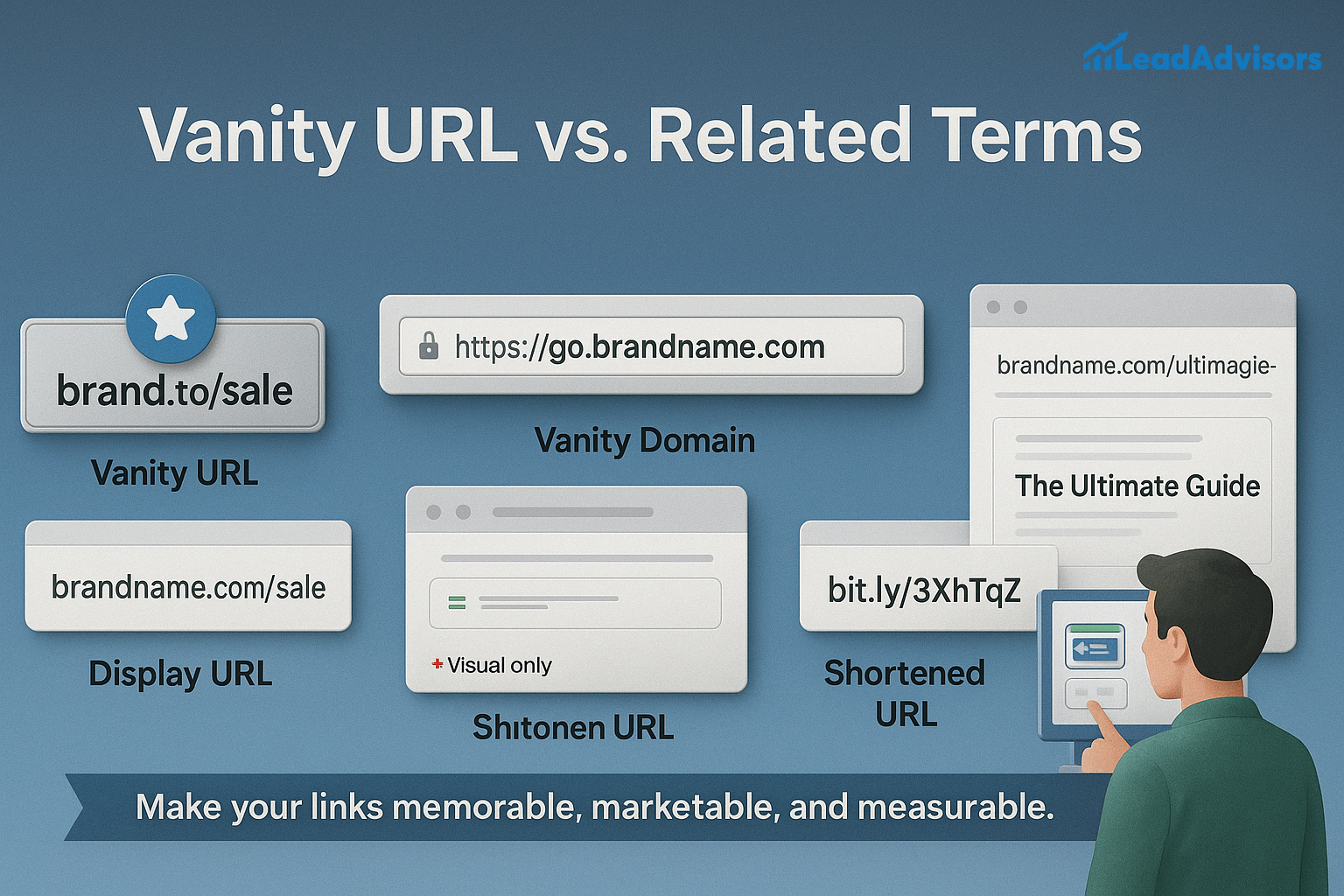 This infographic compares vanity URLs to similar link types including vanity domains, display URLs, shortened URLs, and Shitonen (visual-only) URLs. Each type is visually represented with sample formats like “brand.to/sale” and “bit.ly/3XhTqZ” to highlight differences in branding and readability. A tagline at the bottom emphasizes the importance of making links memorable, marketable, and measurable.