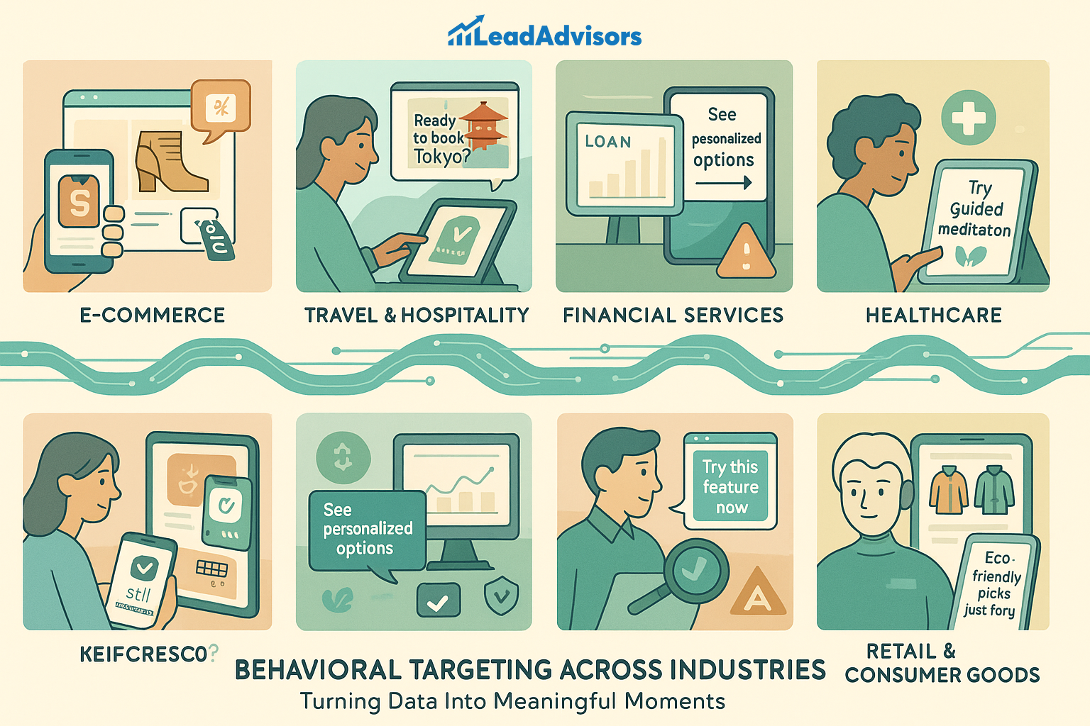 An infographic titled “Behavioral Targeting Across Industries” illustrates how data-driven personalization is applied in sectors like e-commerce, travel, financial services, healthcare, and consumer goods. Each panel shows a user receiving tailored suggestions, such as loan options, guided meditation, and eco-friendly products, emphasizing real-time relevance. The visual underscores the role of behavioral data in creating meaningful customer experiences.