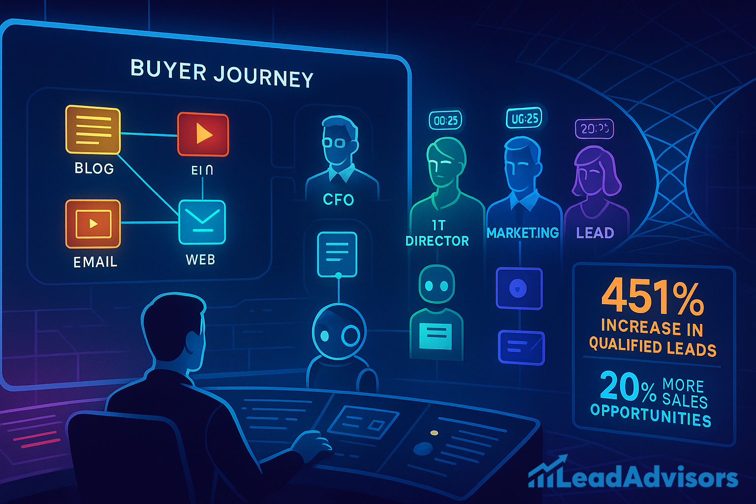  Futuristic digital illustration of a marketing dashboard analyzing the buyer journey. A person monitors interactions across blog, email, video, and web content, with various buyer personas like CFO, IT Director, Marketing, and Lead shown. The visual highlights a 451% increase in qualified leads and 20% more sales opportunities. The LeadAdvisors logo appears in the bottom right corner.