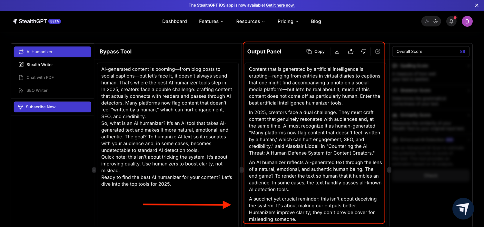 A screenshot of the StealthGPT Bypass Tool interface shows side-by-side panels for original and AI-humanized content. The left panel introduces AI humanizers, emphasizing their role in making content sound natural and emotionally authentic, while the right “Output Panel” shows a refined version of the same content, highlighting improvements in tone and clarity. The interface includes features like copy, download, and feedback options with an overall score displayed.