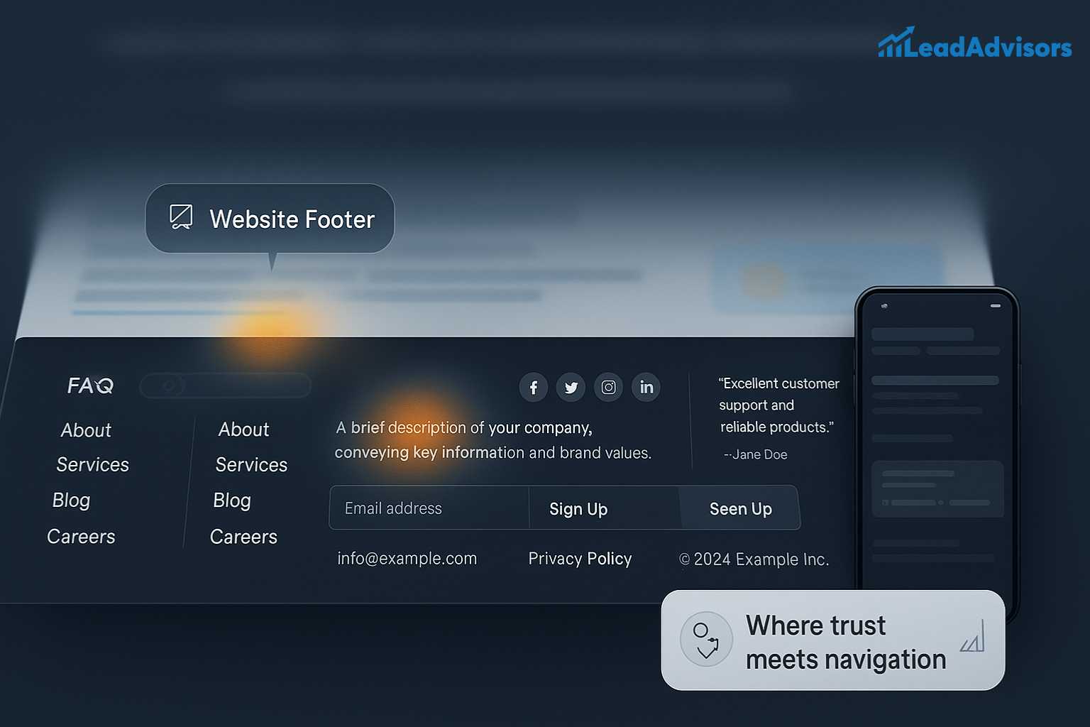 A stylized website footer layout showcases navigation links, a company description, social media icons, an email sign-up form, and a testimonial quote from a user. A callout label identifies it as the "Website Footer," and a smartphone mockup appears alongside to represent mobile responsiveness. The LeadAdvisors logo is visible at the top right, with the tagline “Where trust meets navigation” at the bottom.