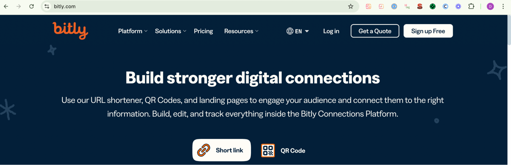 This image displays the homepage of Bitly.com with the domain name highlighted in the browser’s address bar. The main headline on the page reads, “Build stronger digital connections,” promoting the platform's URL shortener, QR codes, and landing page tools. The navigation bar offers links to Platform, Solutions, Pricing, Resources, and user account options.
