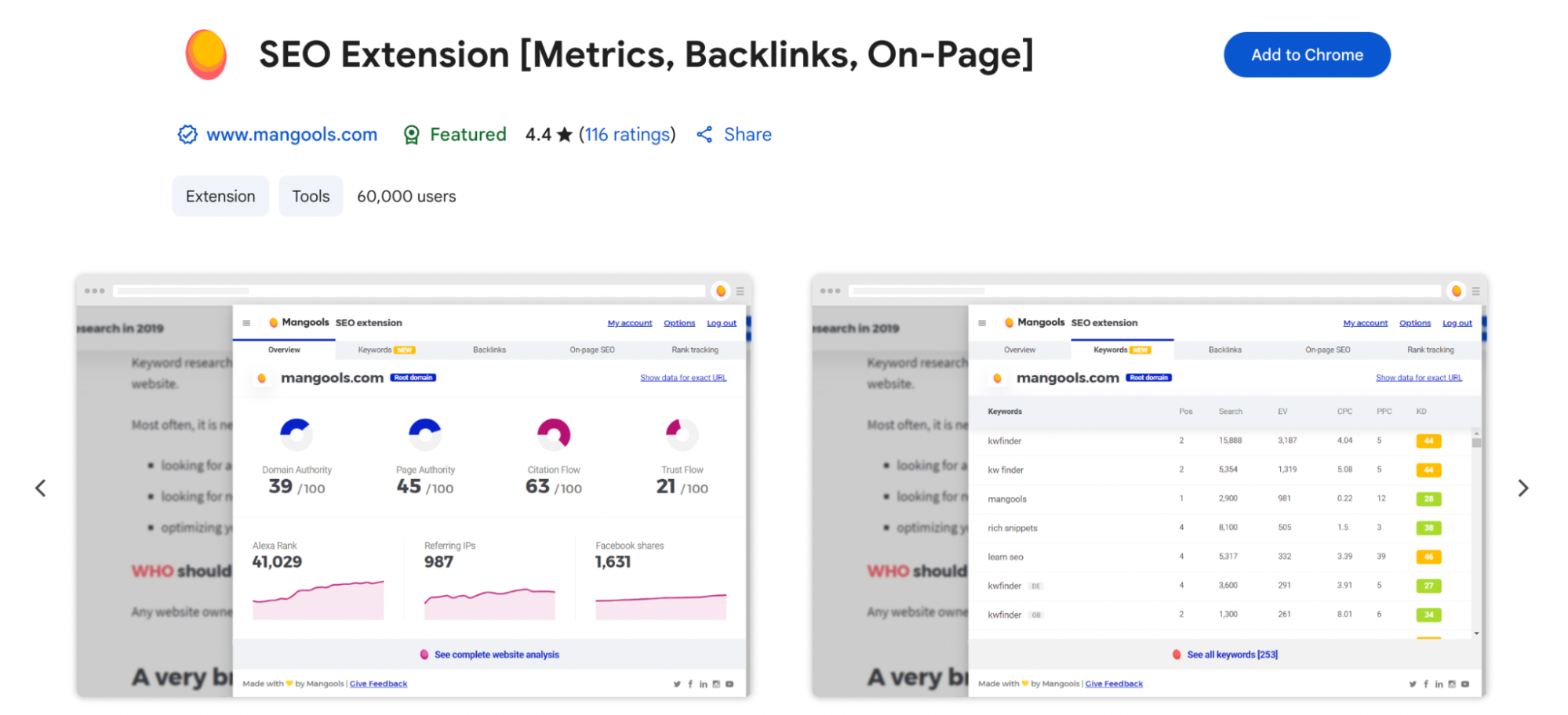 A display for the Mangools SEO Extension highlights its interface, showing detailed metrics for domain authority, page authority, citation flow, trust flow, and keyword rankings. The left side provides an overview of a site's SEO health with visual graphs, while the right side lists keyword performance data, including search volume, CPC, and difficulty. The tool promotes easy-to-read analytics with a clean, white and pink dashboard.