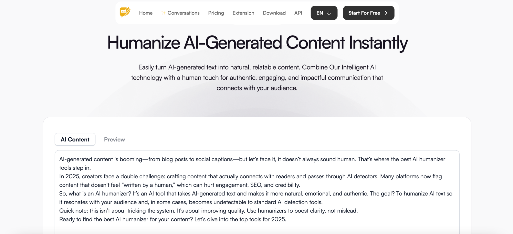 A webpage from an AI content platform showcases a tool that humanizes AI-generated text. The headline emphasizes instant transformation of AI output into relatable, human-like content, and a sample editor below displays AI-generated content about the rising use of AI humanizer tools in 2025. The interface includes tabs for viewing the original AI content and a preview of the humanized version.