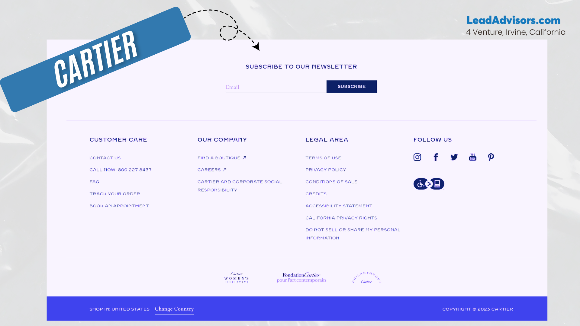 This image displays the footer section of Cartier’s website, emphasizing a clean, modern design with a newsletter subscription bar at the top. Below it are categorized links under Customer Care, Our Company, Legal Area, and social media icons for platforms like Instagram, Facebook, Twitter, YouTube, and Pinterest. The footer also includes a country selector, accessibility options, and a copyright notice stating "© 2023 CARTIER."