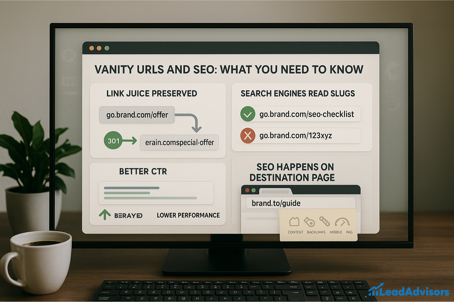 This infographic displayed on a computer monitor outlines key points about vanity URLs and SEO. It explains that link juice is preserved through 301 redirects, search engines can read keyword-rich slugs, click-through rates (CTR) improve with branded links, and SEO effectiveness depends on the destination page’s content, backlinks, and mobile performance. Visual examples and icons support each SEO concept for clarity.