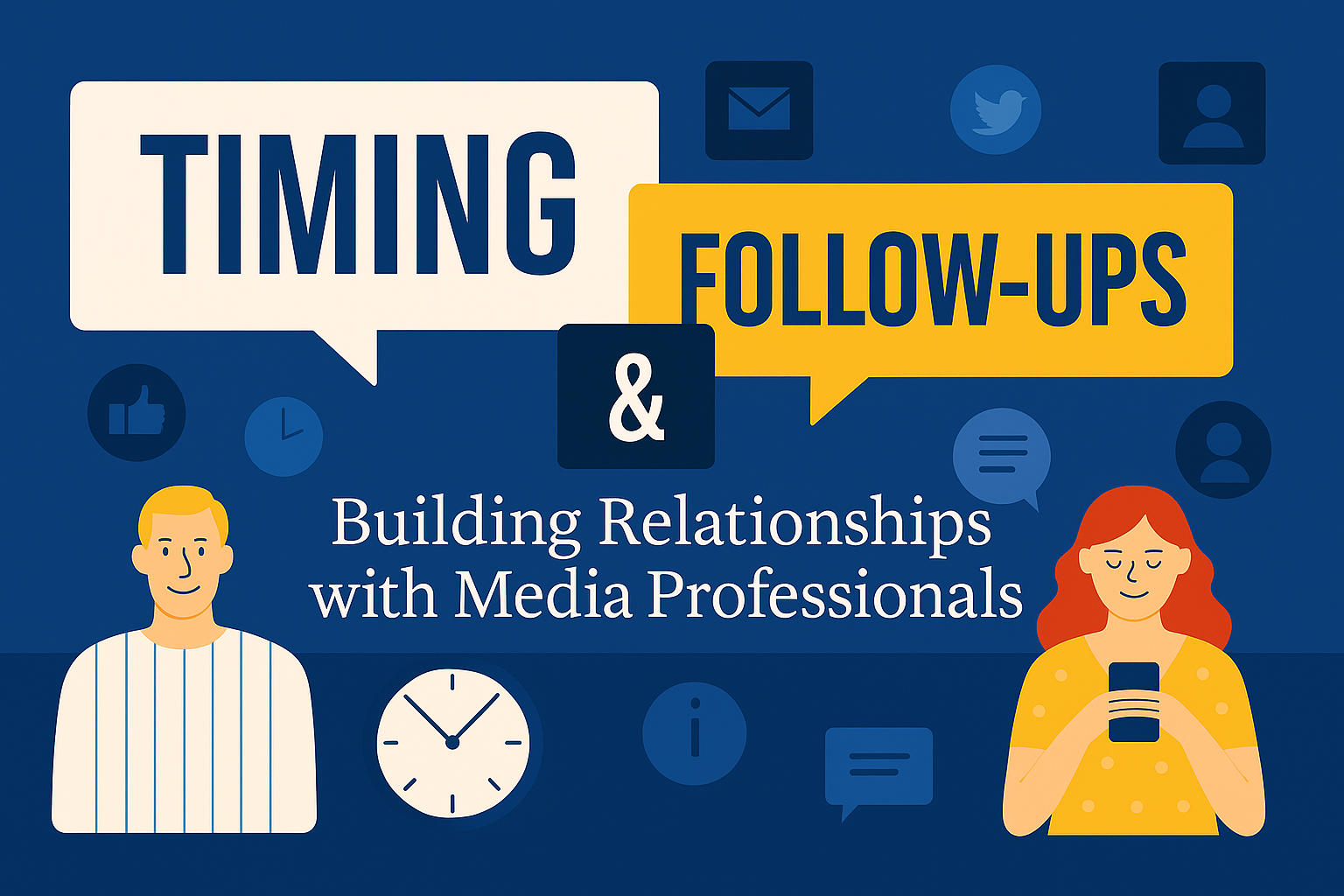 Graphic with the headline “Timing & Follow-Ups: Building Relationships with Media Professionals,” featuring illustrated characters using mobile devices. Speech bubbles, social icons, clocks, and message symbols emphasize the importance of timely communication and nurturing connections with journalists. The blue and yellow color scheme adds clarity and visual balance to the relationship-focused theme.