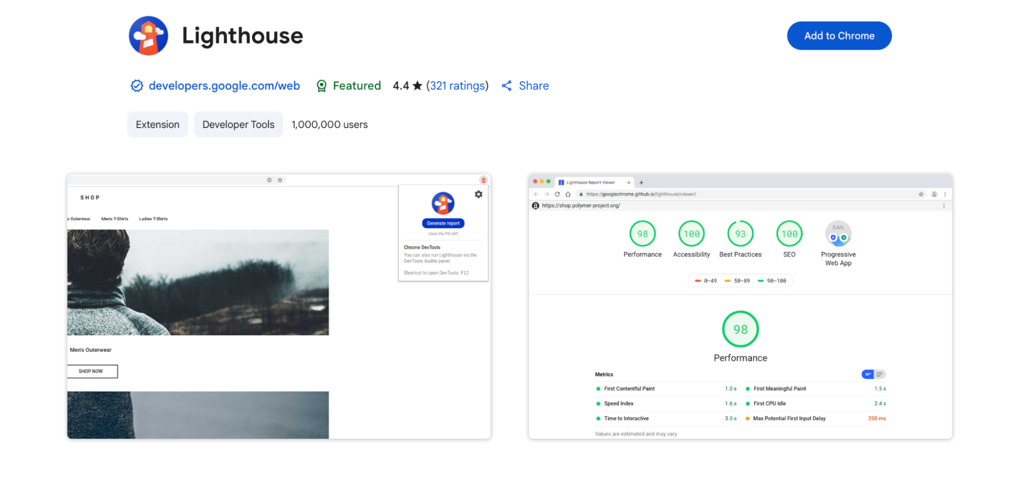 The image displays the Lighthouse extension in use, with one panel showing a browser window of a sample eCommerce site and a sidebar option to generate a Lighthouse report. The second panel shows a completed Lighthouse audit report scoring the site on Performance (98), Accessibility (100), Best Practices (93), and SEO (100). It highlights key metrics like First Contentful Paint and Time to Interactive.