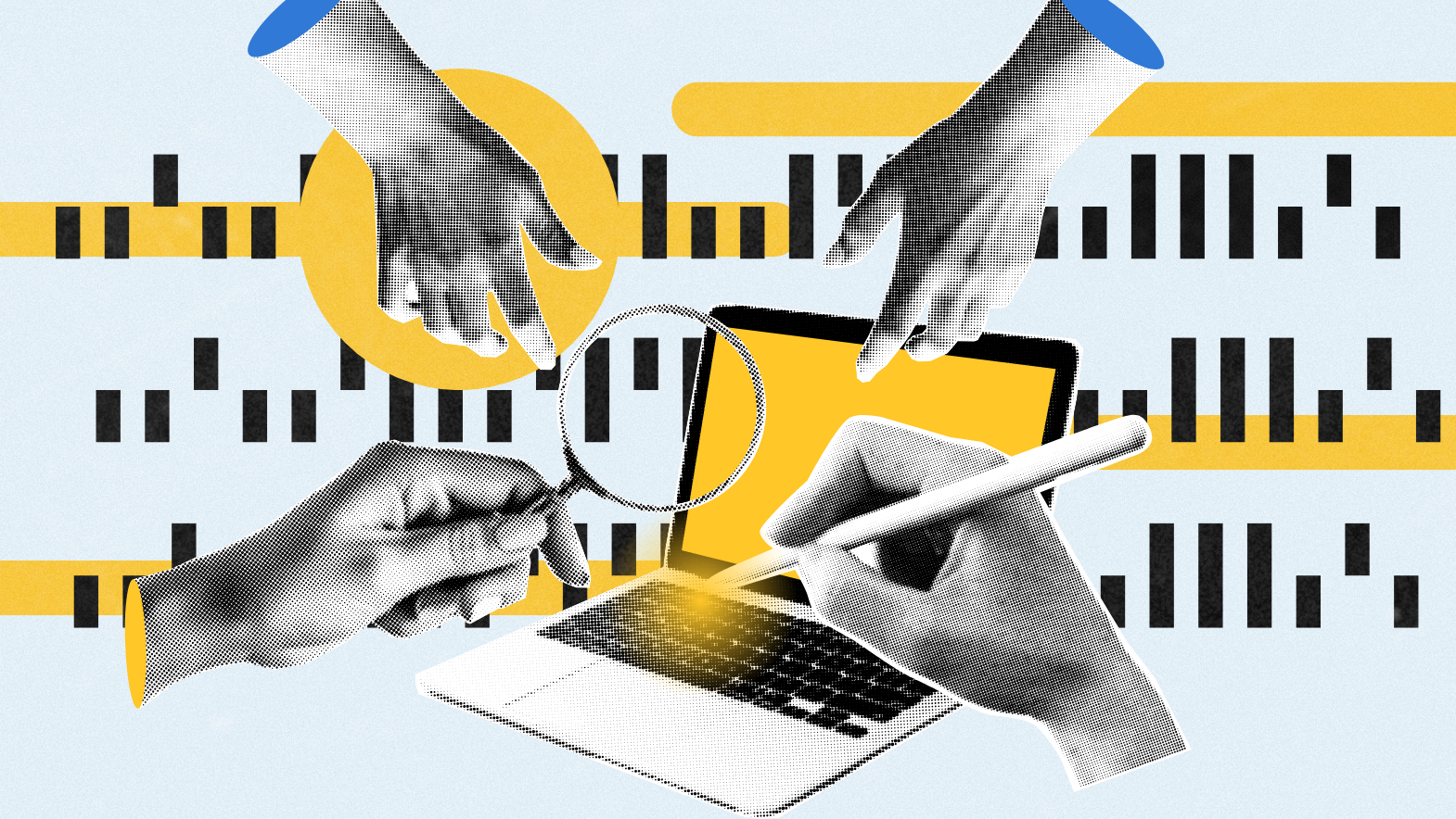 A stylized collage shows hands interacting with a laptop, magnifying glass, and digital pen, symbolizing data analysis and collaborative editing. Yellow and black bar patterns in the background evoke the feel of code, charts, or AI-generated content. The visual suggests scrutiny, creativity, and teamwork in a digital environment.