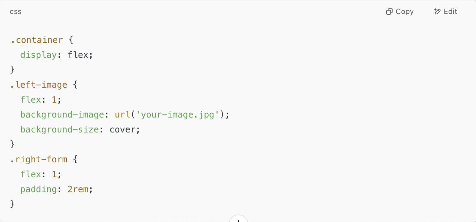A code snippet in CSS shows styling for a flexible layout with two main sections: a left image and a right form. The .left-image class uses a background image with full coverage, while the .right-form class includes padding and equal flex distribution. The container uses display: flex to arrange these sections side-by-side.