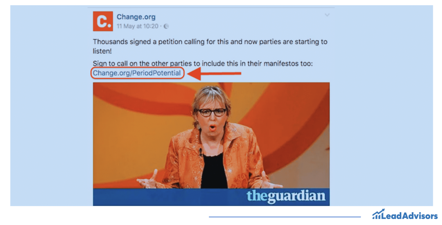 This image shows a Change.org social media post promoting a petition with the call-to-action: “Sign to call on the other parties to include this in their manifestos too.” A branded vanity URL, Change.org/PeriodPotential, is highlighted with a red box and arrow for emphasis. Below the post is a screenshot of a speaker from The Guardian, gesturing passionately on stage.