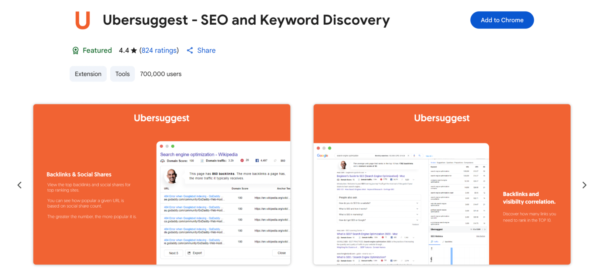 A promotional display for Ubersuggest shows two browser interface previews with SEO tools for analyzing backlinks, social shares, and keyword visibility. The left side highlights backlink counts and social metrics for high-ranking pages, while the right side displays SERP data with keyword suggestions and visibility scores. The layout is designed with an orange background and includes a call to add the extension to Chrome.