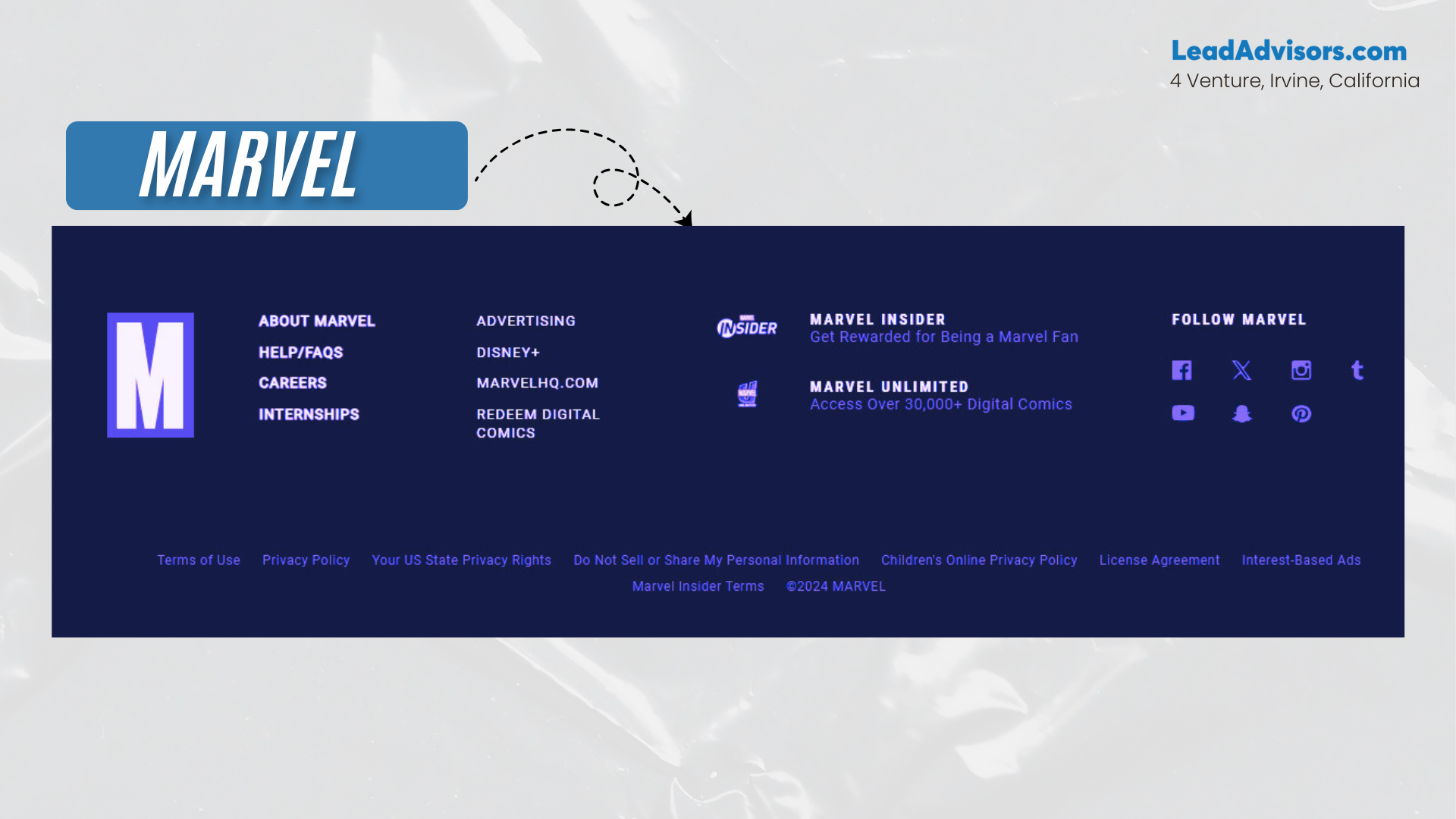 The Marvel website footer features various navigational links grouped under categories such as About Marvel, Help/FAQs, Careers, and Internships. It also includes links to Marvel Insider and Marvel Unlimited, promotional services like Disney+ and MarvelHQ.com, and options to redeem digital comics. Social media icons for platforms including Facebook, X, Instagram, YouTube, Tumblr, Snapchat, and Pinterest are displayed alongside legal links and the 2024 Marvel copyright notice.