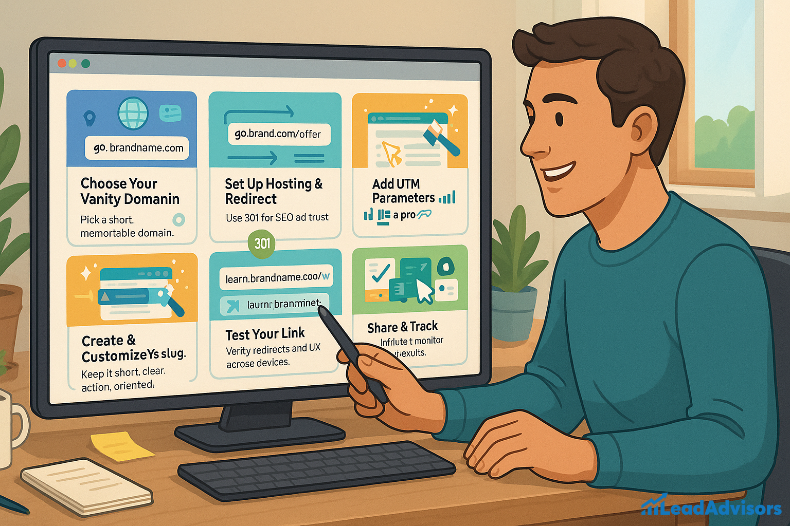 This illustration shows a smiling man sitting at a desk, pointing at a computer screen displaying a step-by-step guide on setting up vanity URLs. The screen features colorful tiles with titles like “Choose Your Vanity Domain,” “Set Up Hosting & Redirect,” “Add UTM Parameters,” and “Share & Track.” The workspace includes a notepad, mug, and plant, evoking a productive and friendly digital marketing environment.