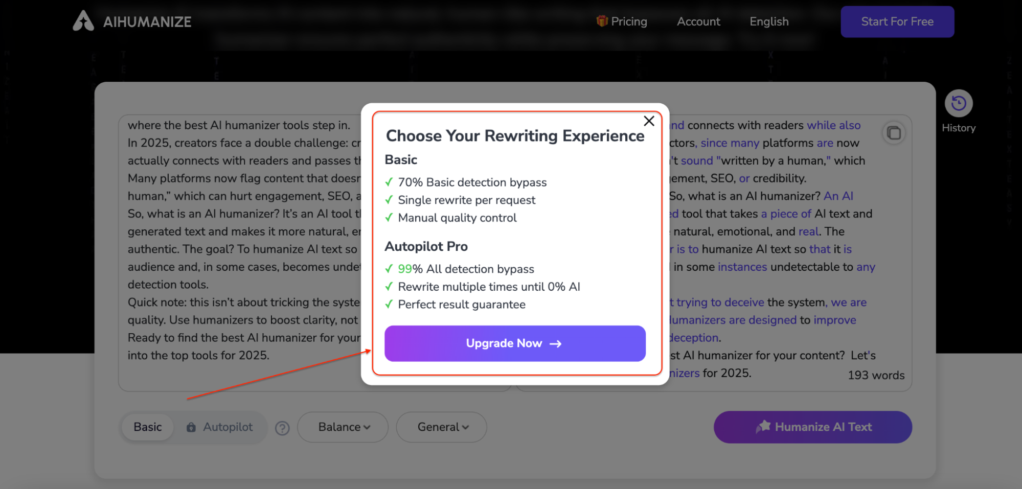 A pop-up window from the AIHumanize platform displays two rewriting options: Basic and Autopilot Pro. The Basic plan includes a 70% detection bypass rate, single rewrite per request, and manual quality control, while Autopilot Pro offers 99% bypass, multiple rewrites, and a perfect result guarantee. Behind the pop-up, the editor area shows humanized AI-generated content and a button labeled “Humanize AI Text.”
