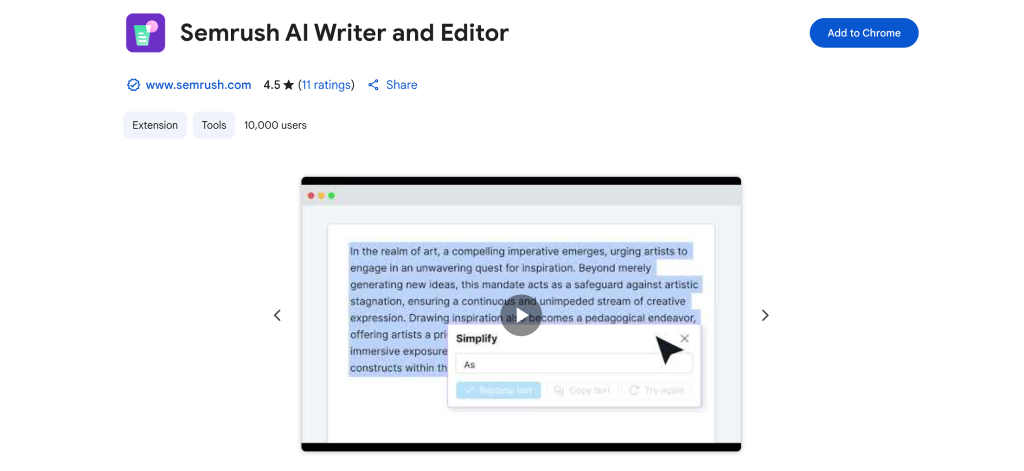 A browser interface preview of the Semrush AI Writer and Editor shows a paragraph of text being edited with a simplification tool. A large cursor hovers over an option labeled “Simplify,” suggesting AI-powered text enhancement. The design emphasizes user-friendly editing for content refinement and clarity.
