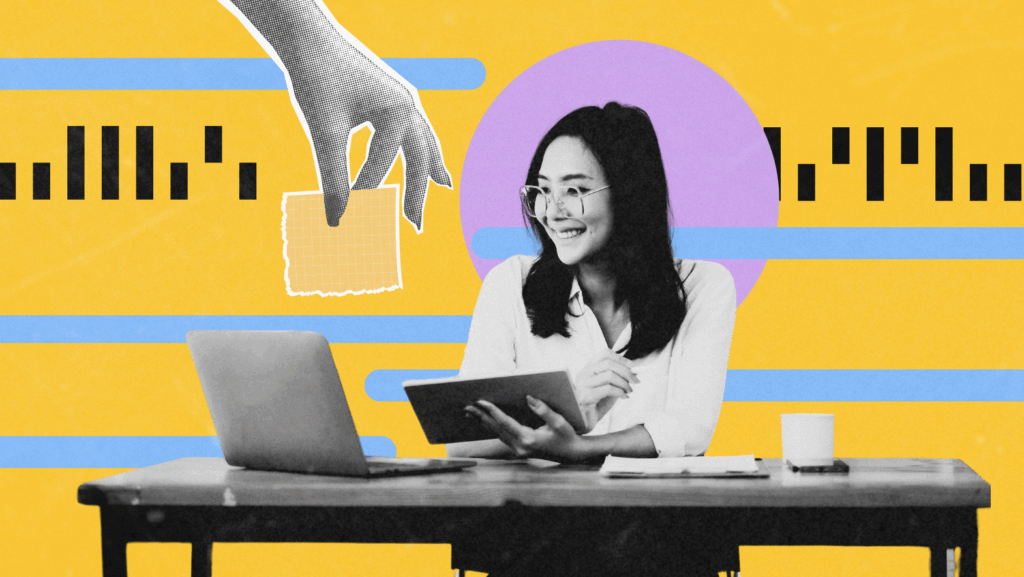 A cheerful woman wearing glasses sits at a desk holding a tablet while looking at her laptop, surrounded by abstract graphic elements. A large hand illustration appears to hand her a grid-like paper, and the background is a bold yellow with purple, blue, and black design accents. The image blends real photography with collage-style graphics, creating a vibrant, creative atmosphere.