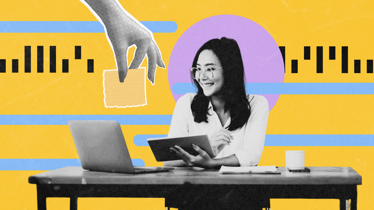 A cheerful woman wearing glasses sits at a desk holding a tablet while looking at her laptop, surrounded by abstract graphic elements. A large hand illustration appears to hand her a grid-like paper, and the background is a bold yellow with purple, blue, and black design accents. The image blends real photography with collage-style graphics, creating a vibrant, creative atmosphere.