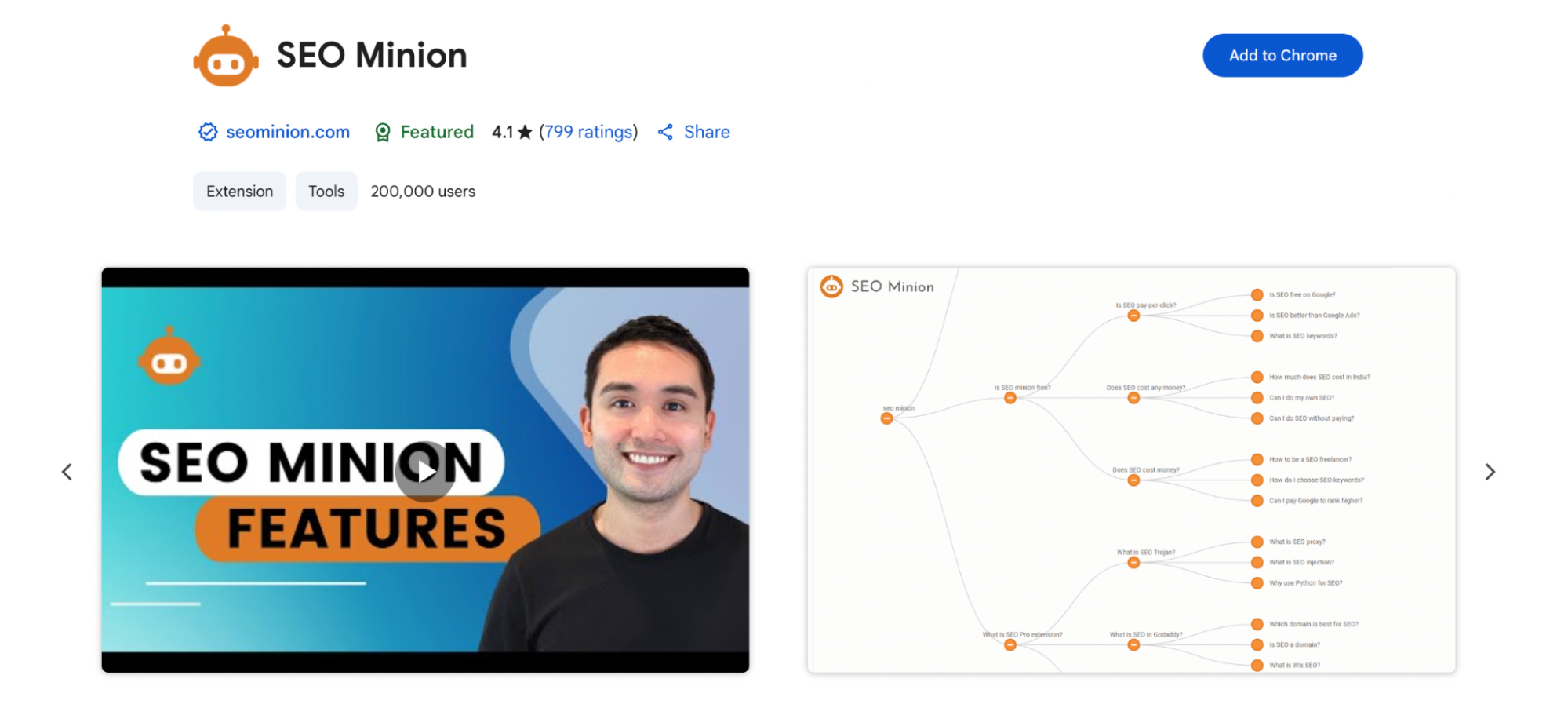 The image showcases SEO Minion with a split view: the left side features a smiling man and a thumbnail titled “SEO Minion Features,” while the right side displays a visual keyword map. The keyword map branches out from “SEO Minion” into related questions like “Is SEO free on Google?” and “How to be a SEO freelancer?” in a flowchart style. The design uses orange and white branding elements throughout.
