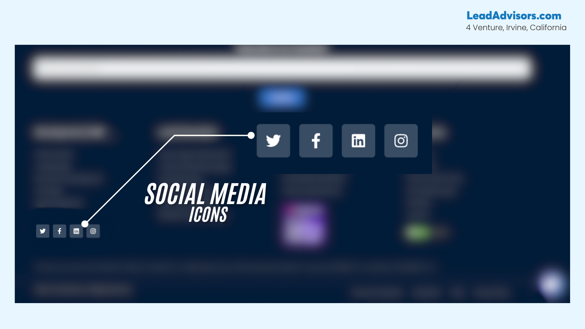 This image highlights the social media icons in the footer of the LeadAdvisors website. The icons for Twitter, Facebook, LinkedIn, and Instagram are arranged horizontally and visually emphasized with a white label and connector lines. The rest of the footer remains blurred, drawing attention specifically to these social media links.