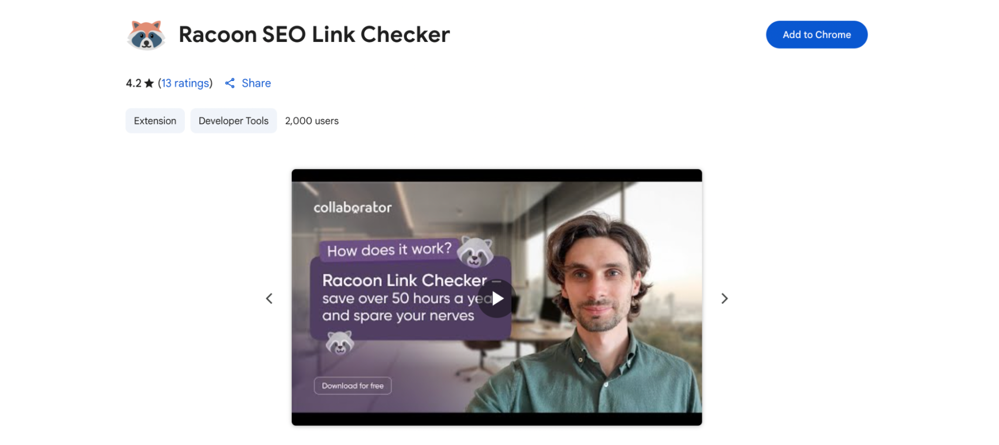 A promotional video thumbnail for Racoon SEO Link Checker features a smiling man in a modern office setting. The overlay text reads, “How does it work? Racoon Link Checker — save over 50 hours a year and spare your nerves,” accompanied by playful raccoon icons and a "Download for free" button. The tool is positioned as a time-saving SEO utility.