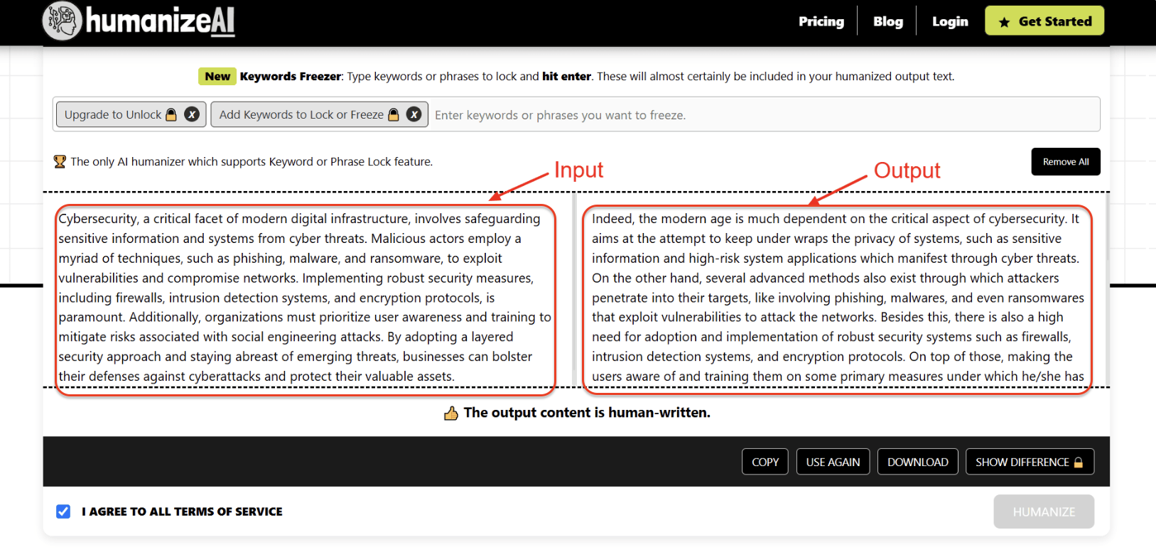 A screenshot from the HumanizeAI platform displays a side-by-side comparison of input and output content focused on the topic of cybersecurity. The original input emphasizes safeguarding digital infrastructure and includes technical terms and structured language, while the humanized output simplifies the tone and uses more conversational phrasing. The interface highlights keyword locking features, and the user has the option to copy or reprocess the output.