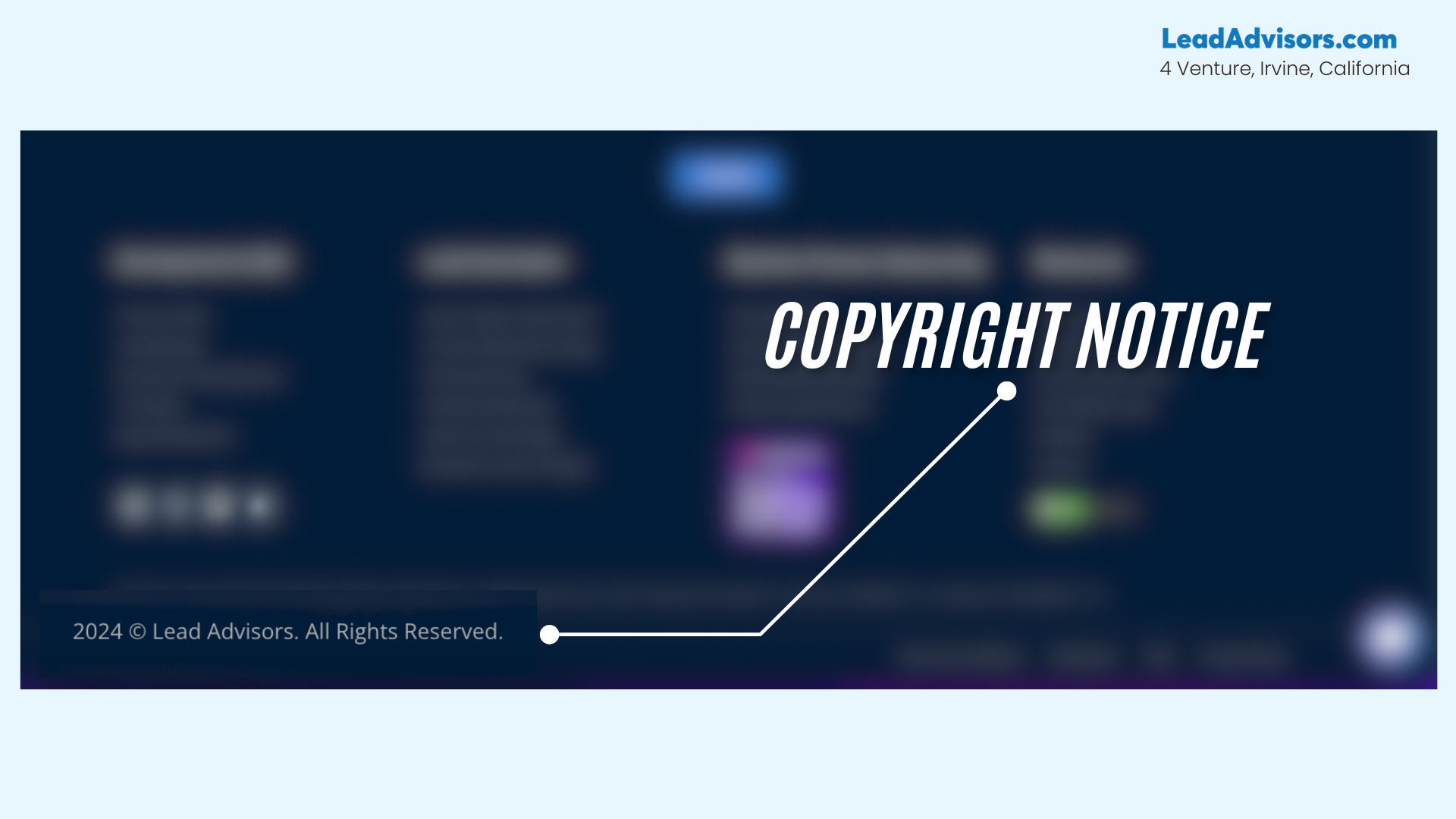 This image highlights the copyright notice section in the footer of the LeadAdvisors website. The notice reads “2024 © Lead Advisors. All Rights Reserved.” and is visually emphasized with a white label and pointer. The footer content in the background is blurred but structured into multiple columns with navigation and social media links.