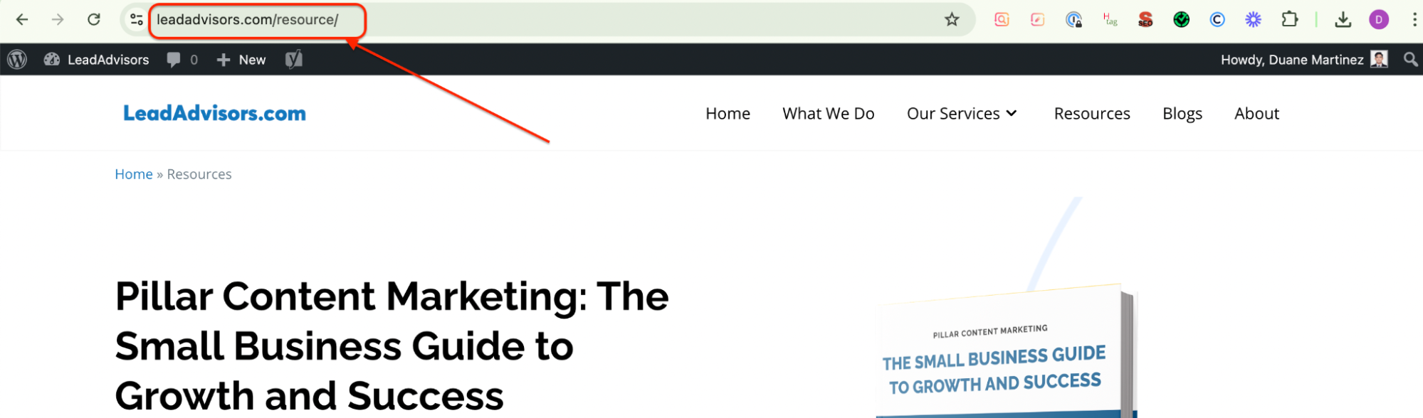 This image shows a webpage from LeadAdvisors.com with the URL path “/resource/” highlighted in the browser bar using a red arrow. The visible webpage features a guide titled Pillar Content Marketing: The Small Business Guide to Growth and Success, indicating it's part of the site's Resources section. The navigation menu includes links to Home, Services, Blogs, and About pages.