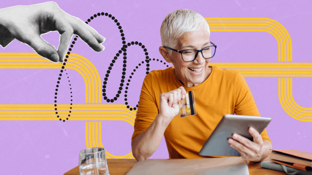 A joyful older woman with short white hair and glasses holds a credit card while shopping on a tablet at home. The vibrant background features playful graphic elements, including a stylized hand and looping yellow and black lines, suggesting motion and digital connectivity. The image conveys a fun, confident online shopping experience for seniors.