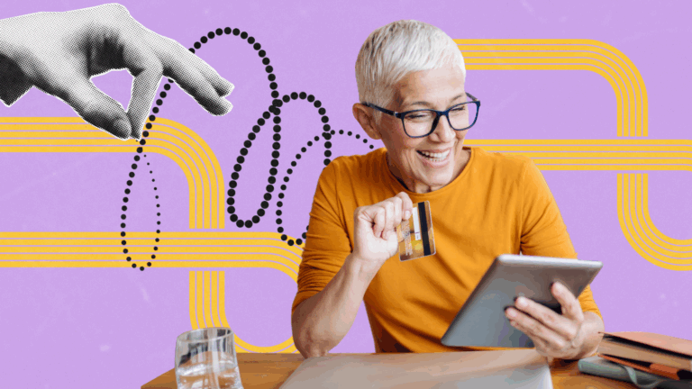 A joyful older woman with short white hair and glasses holds a credit card while shopping on a tablet at home. The vibrant background features playful graphic elements, including a stylized hand and looping yellow and black lines, suggesting motion and digital connectivity. The image conveys a fun, confident online shopping experience for seniors.