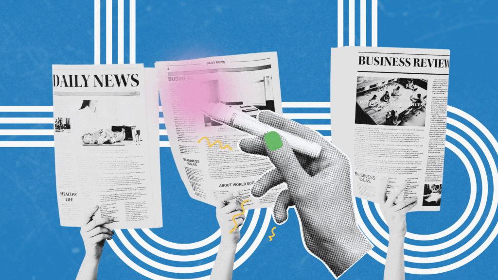 Creative collage-style image showing three hands holding up newspapers labeled "DAILY NEWS" and "BUSINESS REVIEW" against a vibrant blue background with white concentric lines. A stylized hand with green nail polish and a marker highlights a section, suggesting editorial review or media commentary. The image evokes themes of journalism, press coverage, and curated news analysis.