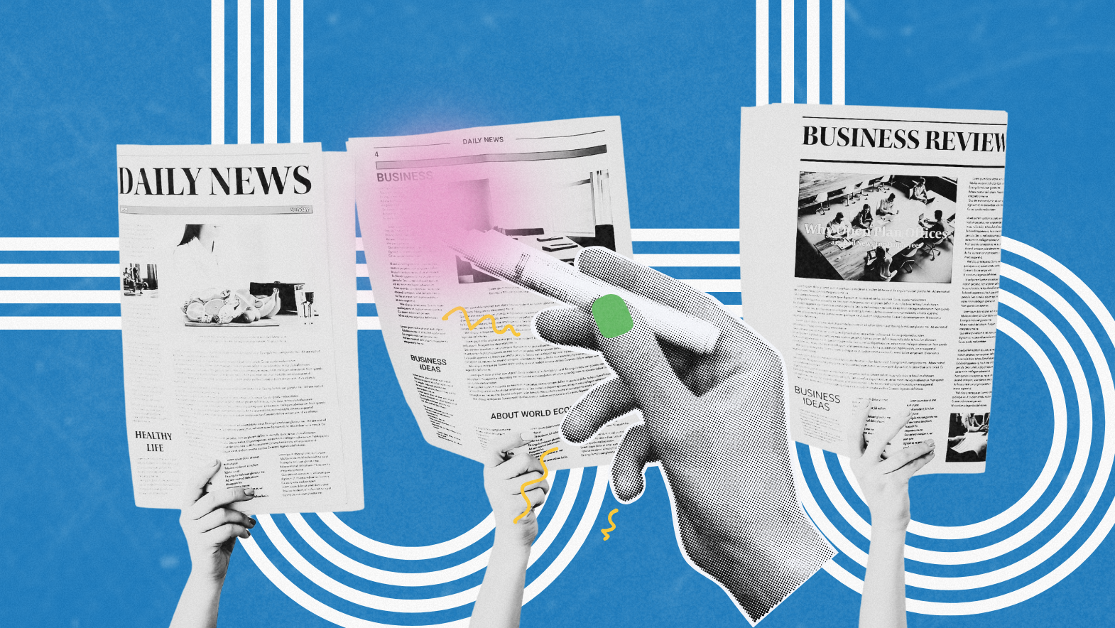 Creative collage-style image showing three hands holding up newspapers labeled "DAILY NEWS" and "BUSINESS REVIEW" against a vibrant blue background with white concentric lines. A stylized hand with green nail polish and a marker highlights a section, suggesting editorial review or media commentary. The image evokes themes of journalism, press coverage, and curated news analysis.