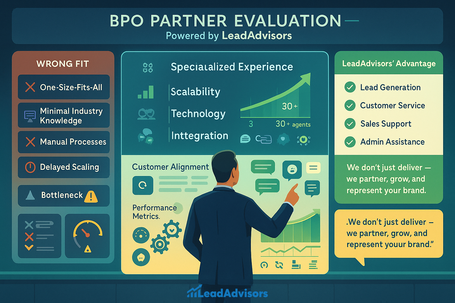 A business professional evaluates a BPO (Business Process Outsourcing) partner using a dashboard that contrasts poor-fit providers—highlighting issues like manual processes, delayed scaling, and one-size-fits-all models—with LeadAdvisors’ specialized, scalable, and tech-integrated solutions. The dashboard showcases key performance metrics, customer alignment, and an agent growth graph. LeadAdvisors' strengths in lead generation, customer service, sales support, and admin assistance are emphasized with the message: “We don’t just deliver — we partner, grow, and represent your brand.”