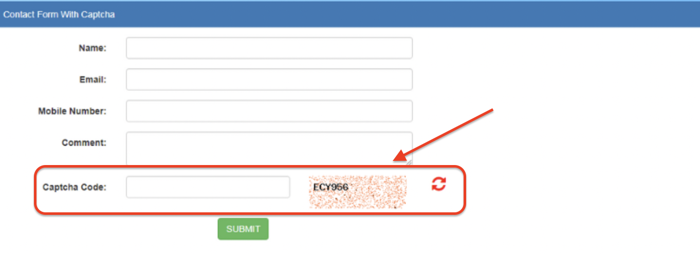 A basic contact form includes fields for name, email, mobile number, and a comment section, followed by a CAPTCHA code verification field. The CAPTCHA image displays the code "ECY956" next to a refresh icon for generating a new code. A green "Submit" button is placed below the form for final submission.
