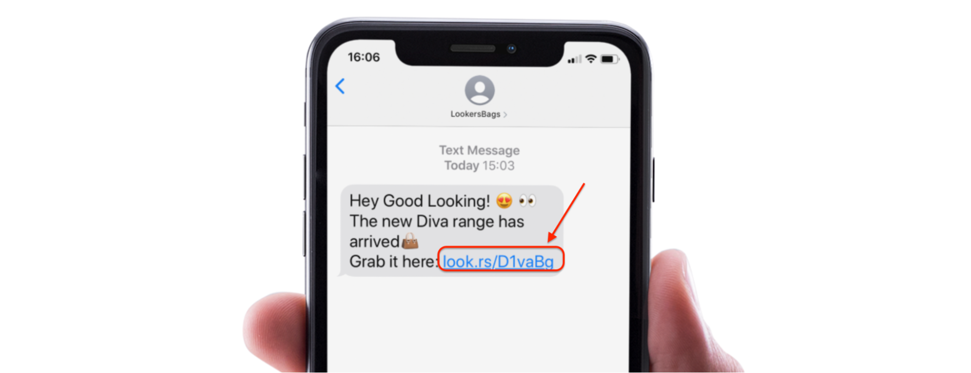 This image shows a smartphone screen displaying a marketing text message from “LookersBags.” The message promotes the new Diva product line with emojis and includes a shortened vanity URL, “look.rs/D1vaBg,” which is highlighted with a red arrow and border. The clean, concise link is designed for easy clicking and tracking in SMS marketing.