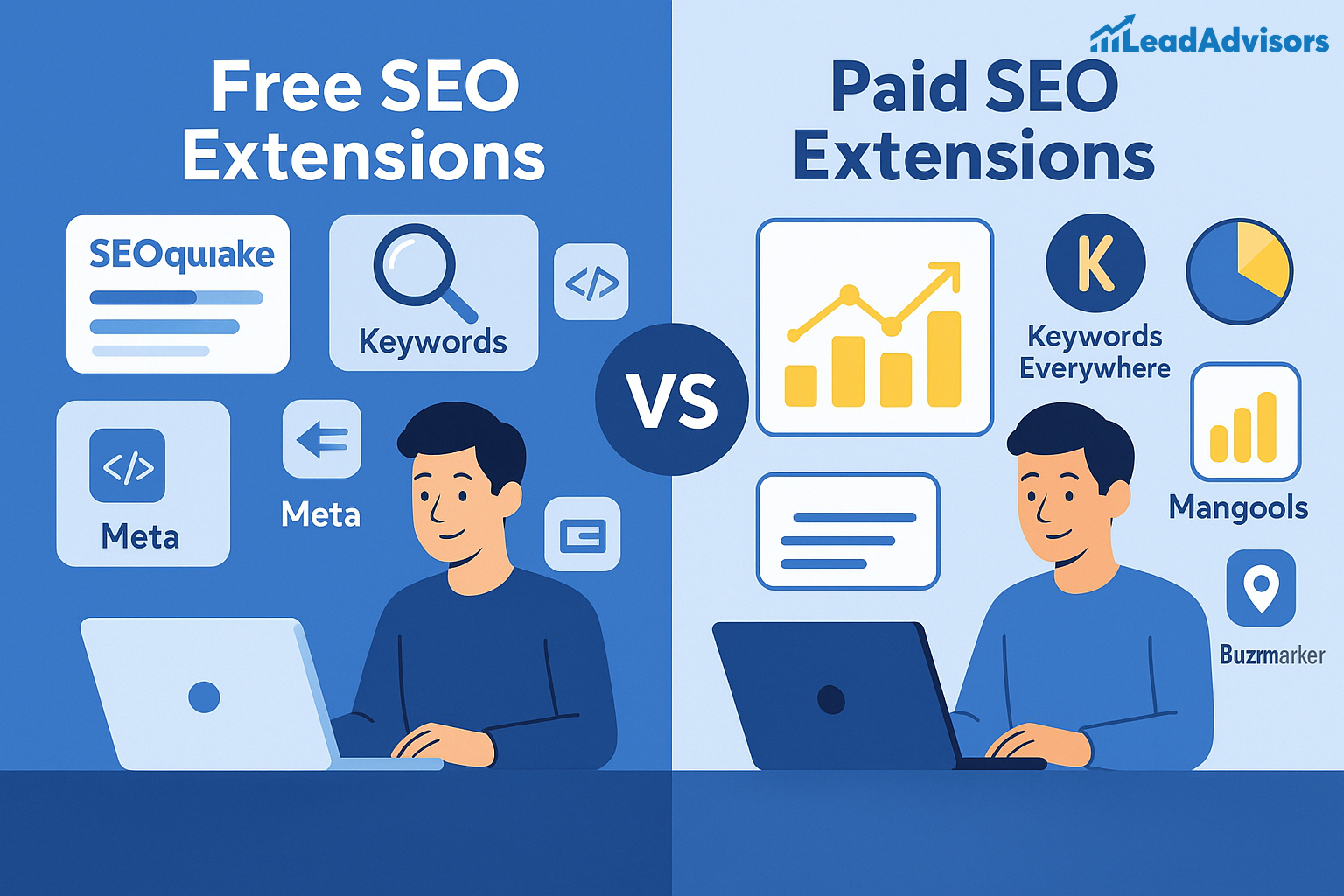 This graphic from LeadAdvisors visually compares free and paid SEO browser extensions. The left half shows a user with tools like SEOquake, Meta tags, and keyword research labeled under "Free SEO Extensions" in blue. The right half contrasts with "Paid SEO Extensions" tools such as Keywords Everywhere, Mangools, and Buzzmarker, highlighted in yellow tones with upward-trending analytics icons.