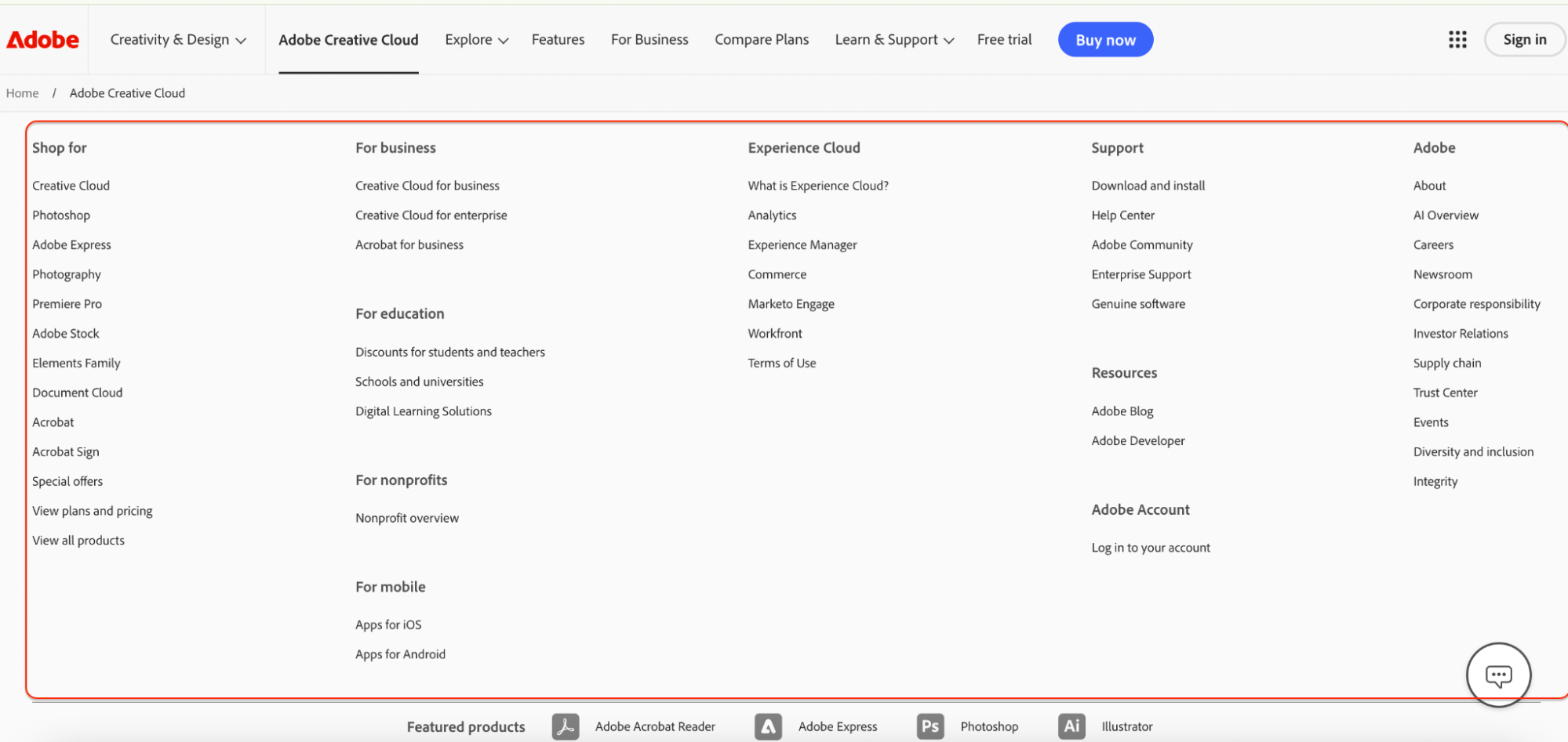 This image shows Adobe's comprehensive website footer menu, organized into categories such as Shop for, For Business, Experience Cloud, Support, and Adobe. It includes links to various Adobe products, enterprise solutions, educational discounts, mobile apps, community support, and company information. A minimalist design helps users quickly find what they need while reinforcing Adobe’s brand structure.