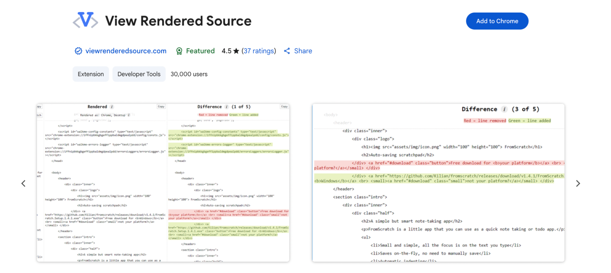 The image presents the View Rendered Source extension, showing side-by-side comparisons of original versus rendered HTML code. Highlighted differences are marked in red for removed lines and green for added ones, allowing developers to analyze changes between source and rendered output. This tool helps identify discrepancies in structure and content during web development and debugging.