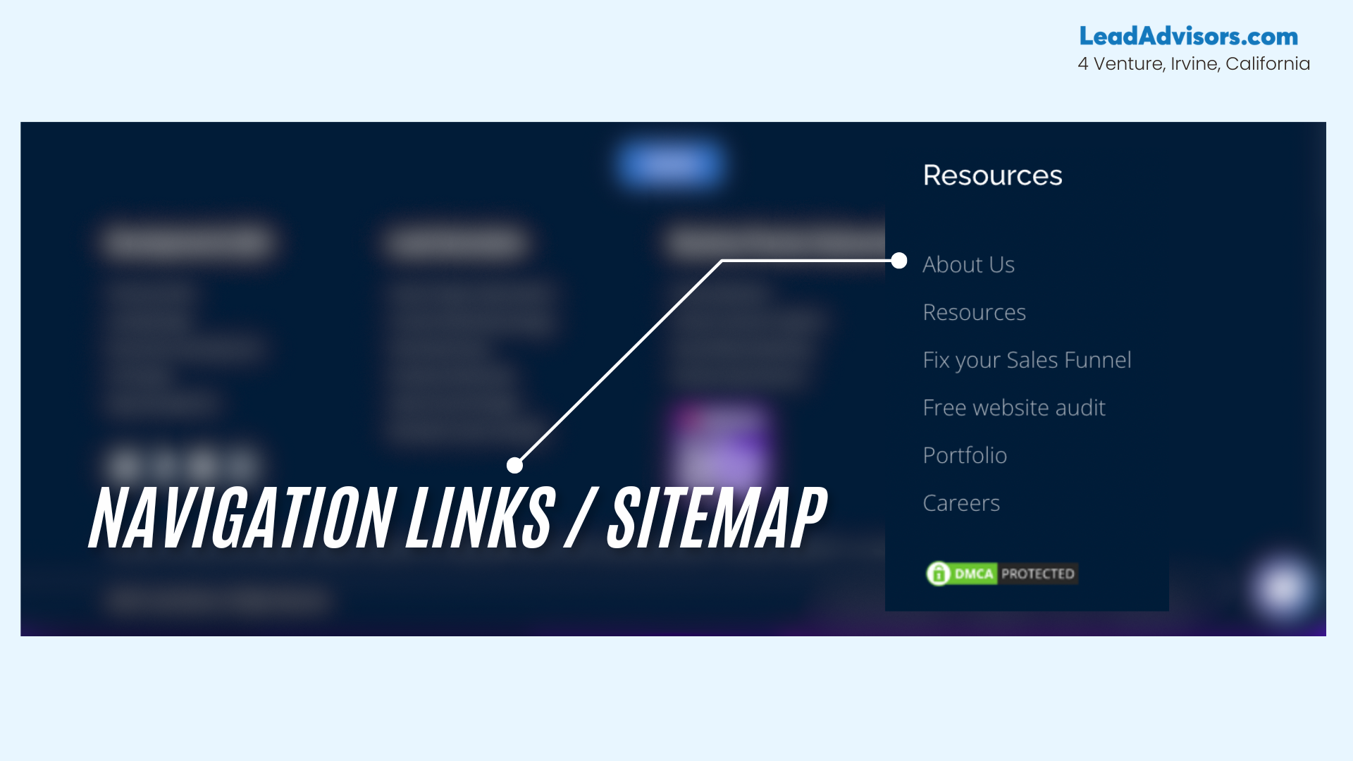 This image highlights the navigation links and sitemap section within the LeadAdvisors website footer. The “Resources” column includes links such as About Us, Free Website Audit, Careers, and Portfolio. The rest of the footer is blurred, keeping the focus on the structured navigation layout.