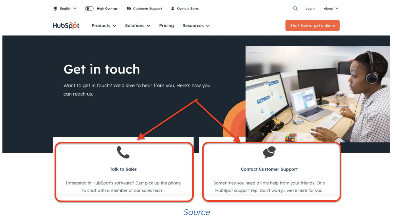 A contact section from HubSpot’s website displays two main options: “Talk to Sales” and “Contact Customer Support.” A woman wearing a headset works on a computer in an office setting beside the contact options. The layout emphasizes easy communication through either sales or support channels.