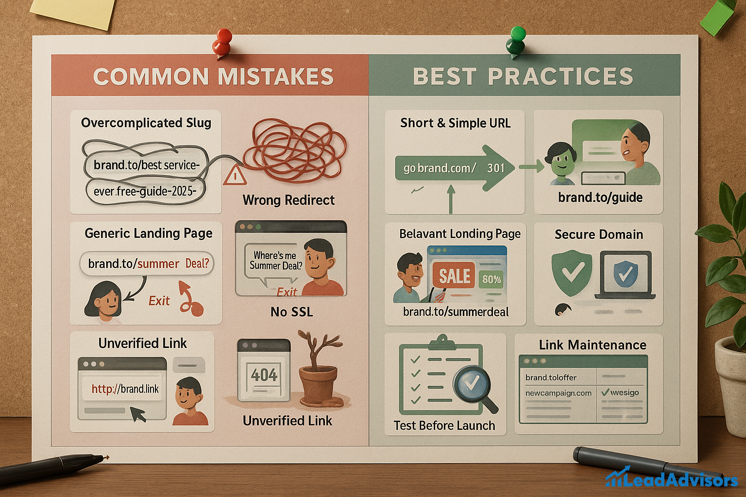 This infographic compares common URL management mistakes with best practices. On the left, issues like overcomplicated slugs, wrong redirects, generic landing pages, unverified links, and lack of SSL are illustrated with visual cues and red exit signs. On the right, best practices include using short, simple URLs, relevant landing pages, secure domains, testing before launch, and maintaining links, all highlighted with clean design and green checkmarks.