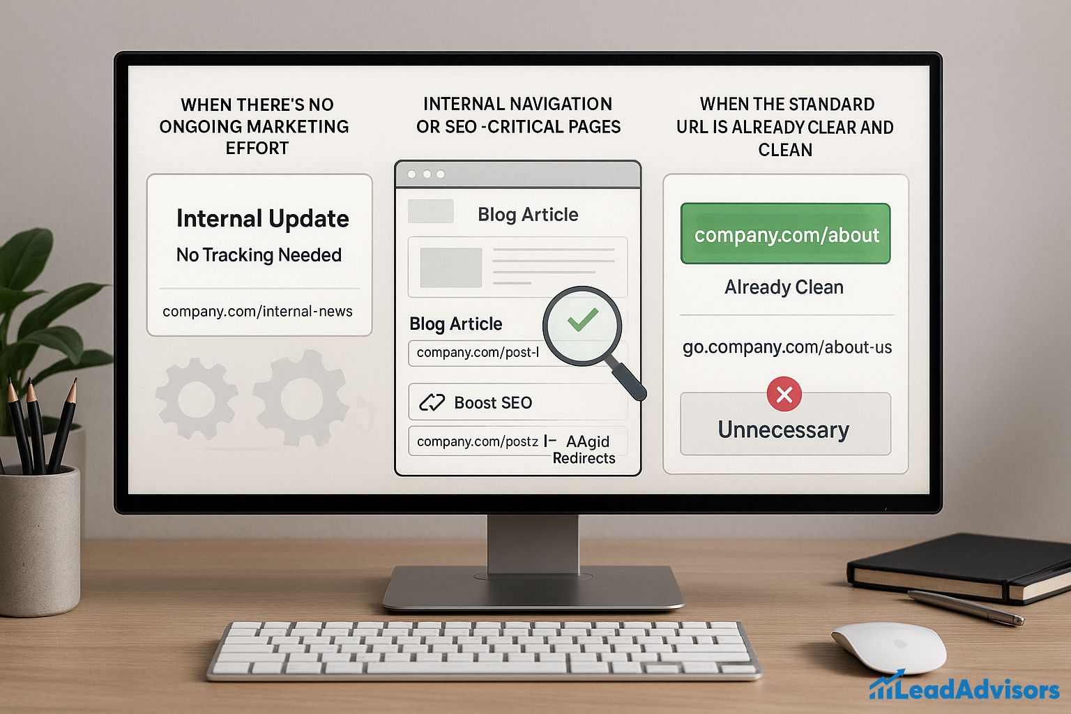 This image on a desktop monitor outlines scenarios where vanity URLs are unnecessary or essential. It shows that internal updates without tracking, SEO-critical blog pages, and already clean URLs don't always need vanity links. Visual examples demonstrate that clarity, SEO benefit, and context determine whether to use a branded short URL.