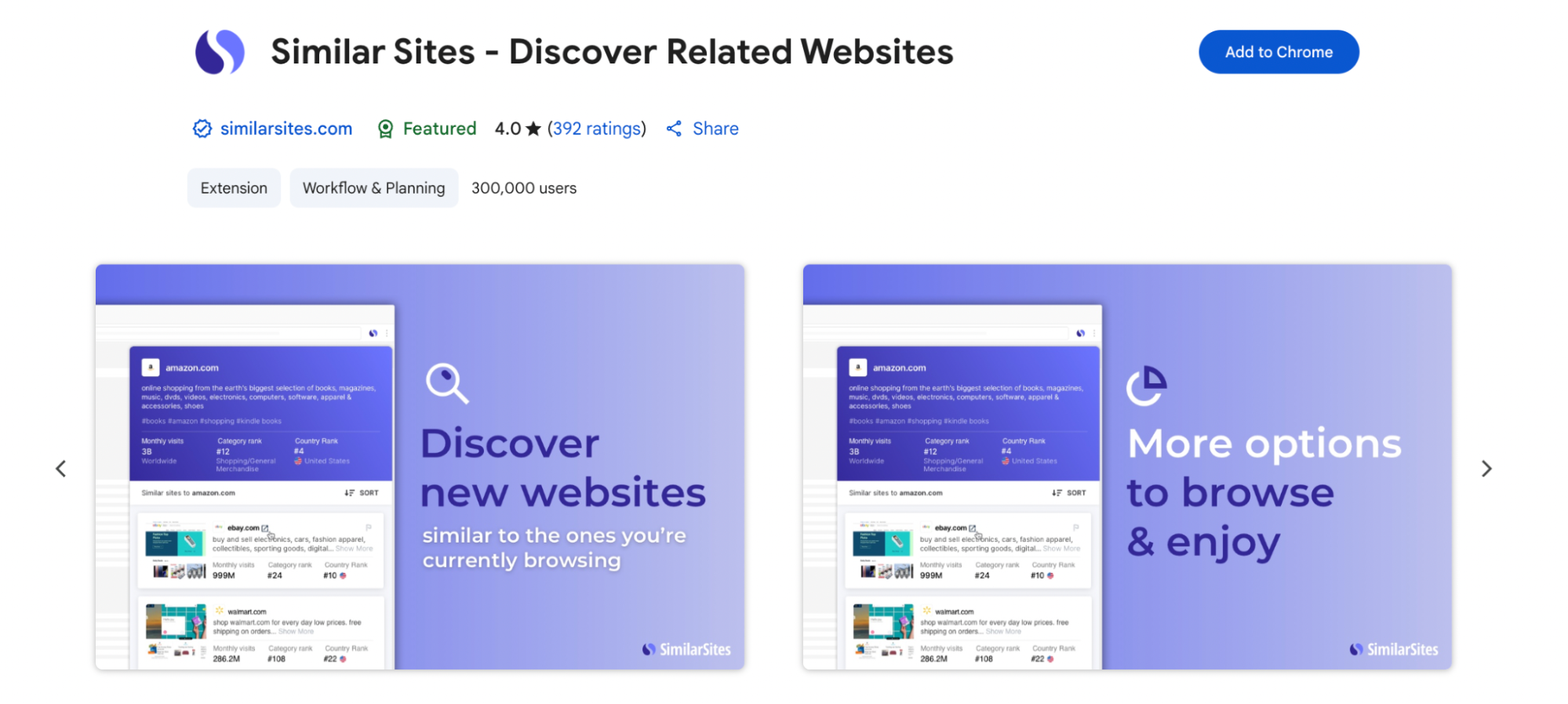 The image highlights the Similar Sites Chrome extension with a two-panel promotional design. The left panel features a preview of Amazon’s site and a list of similar websites like eBay and Walmart, while the accompanying text reads “Discover new websites similar to the ones you’re currently browsing.” The right panel reinforces user benefit with the message “More options to browse & enjoy,” set on a gradient lavender background.