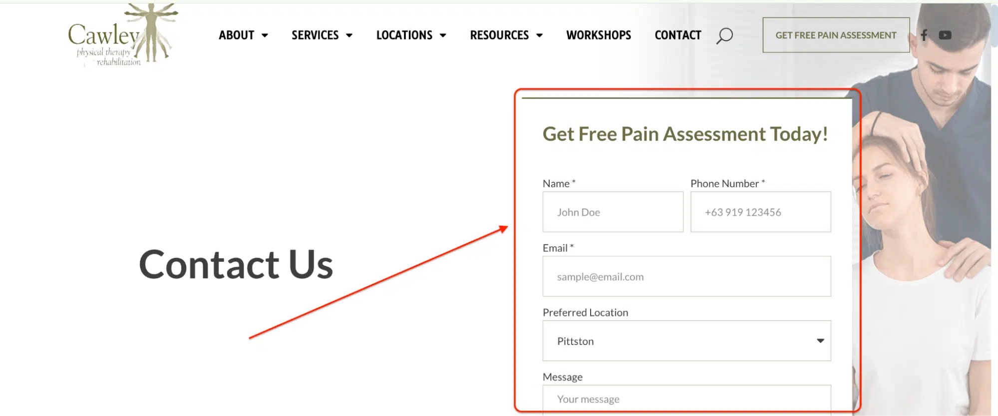 Cawley Physical Therapy’s contact page features a form for users to request a free pain assessment. The form includes fields for name, phone number, email, preferred location, and a message. To the right, a therapist is seen providing neck therapy to a patient, reinforcing the clinical focus of the service.